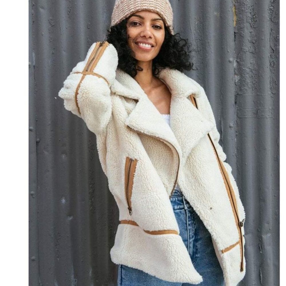 Farherty Montana Moto Sherpa Teddy Jacket Cream tan accents zip oversized size L